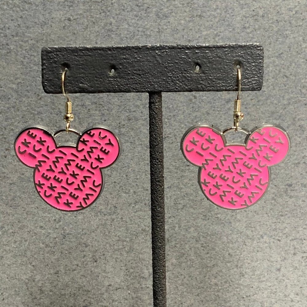 Mickey Mouse Dangle Earrings Pierced Pink Enamel Silver Barbie Retro Disney